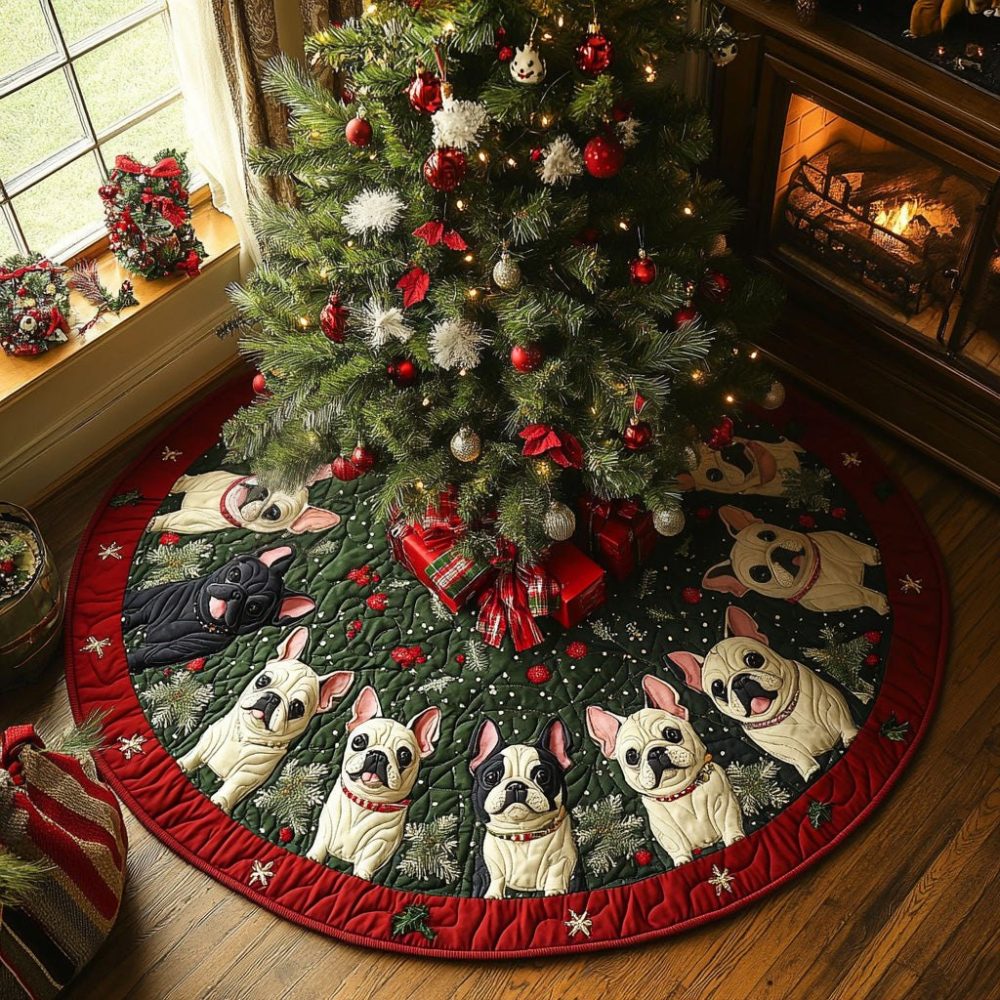 Holly Frenchie Glow Personalized Tree Skirt — Made-To-Order French Bulldog Holiday Skirt With Glow Accents & Custom Sizes