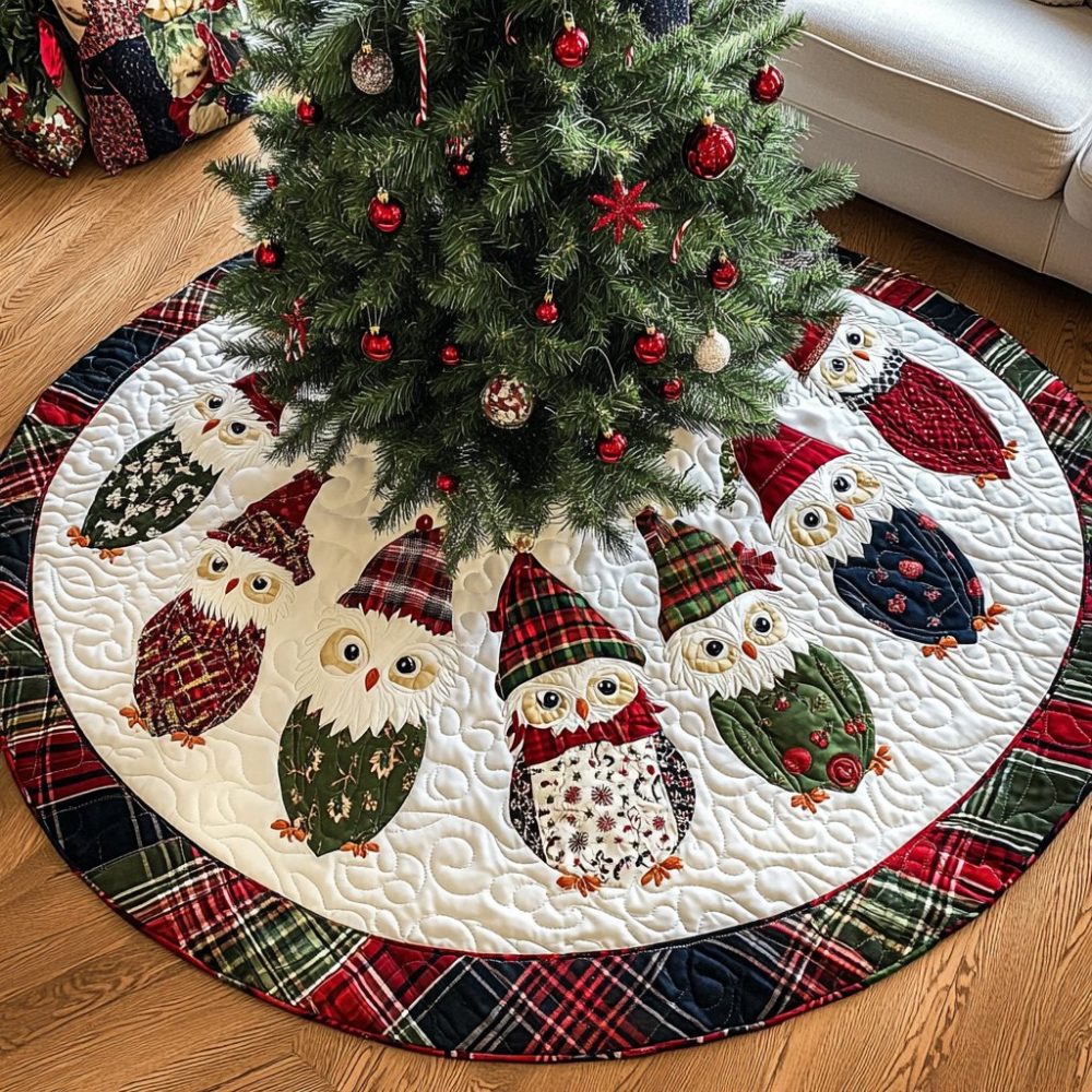 Holly Hoots Owl Christmas Tree Skirt — Made-To-Order Whimsical Holiday Skirt With Owl Motifs, Custom Sizes & Soft Backing