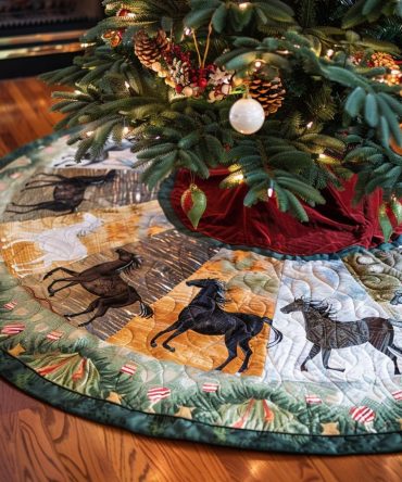 Elegant Holly Horse Christmas Tree Skirt — Made-To-Order Equestrian Holiday Skirt, Personalized Design & High-Quality Materials