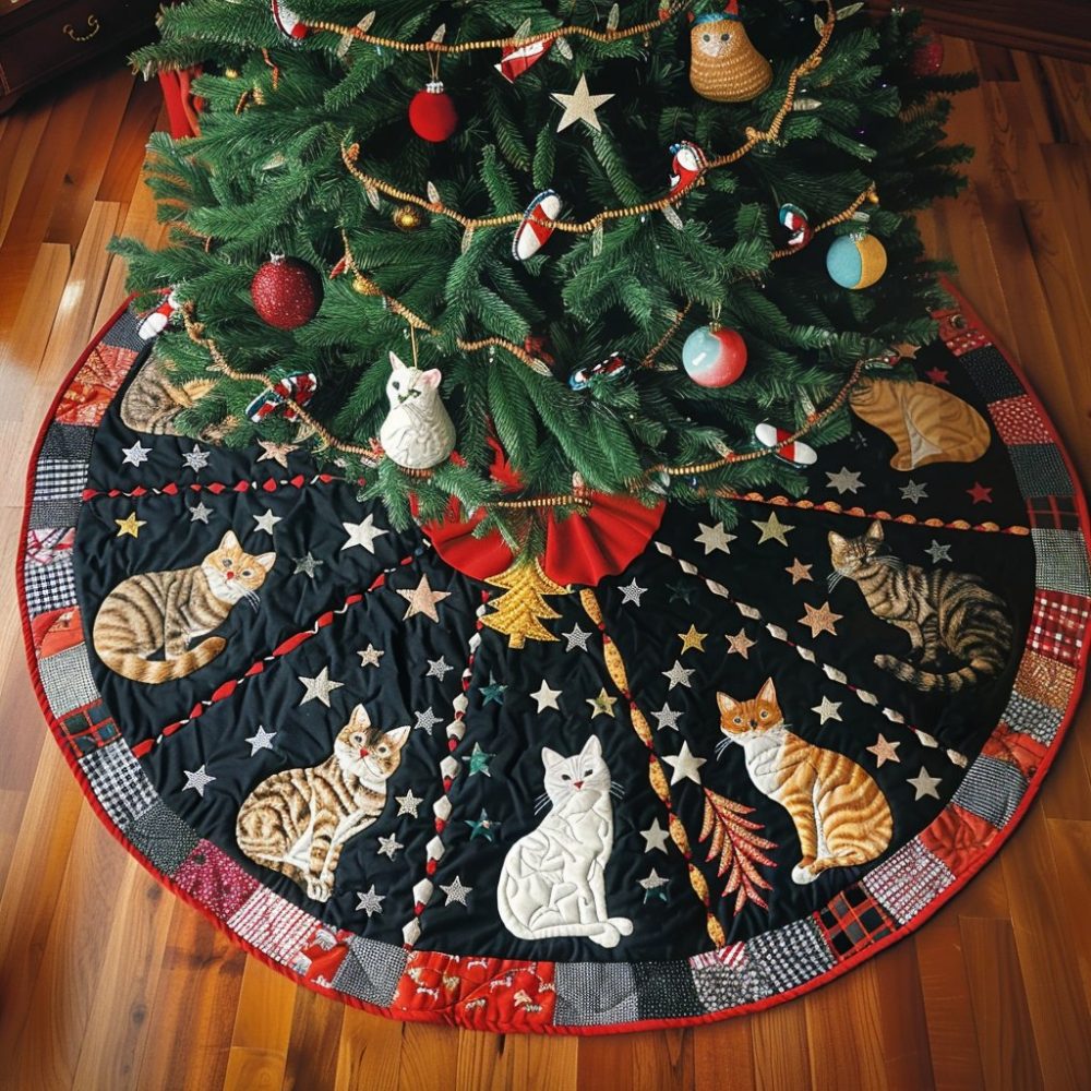 Adorable Holly Cats Personalized Christmas Tree Skirt — Made-To-Order Cat Lover Holiday Skirt, Cute Pet Design & Custom Sizes