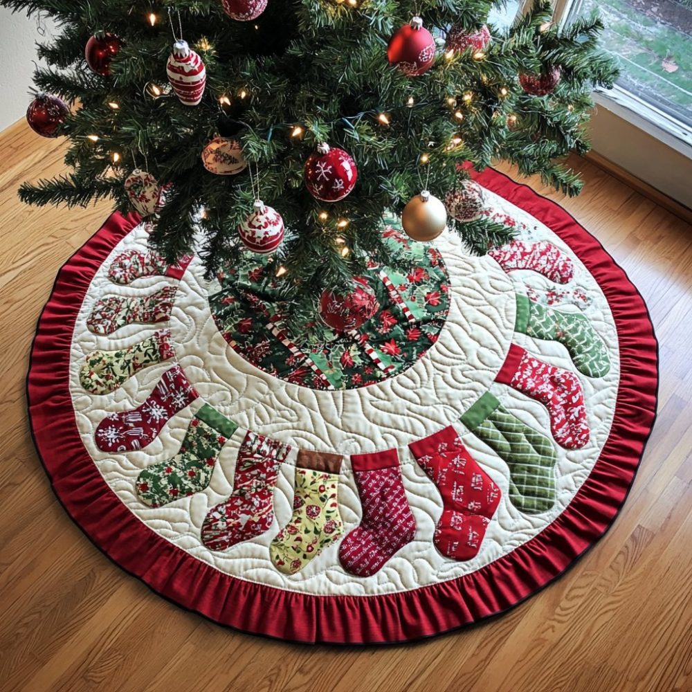 Ruffled Christmas Stockings Tree Skirt — Decorative Stocking Hem, Soft Fabric, Custom Handcrafted Skirt, Personalized Sizes & Trim, Made-To-Order, Festive Display