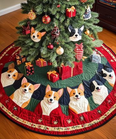 Jolly Corgis Holiday Tree Skirt — Custom Christmas Tree Skirt Featuring Corgi Duo & Holly Motif, Handmade Festive Gift For Corgi Lovers