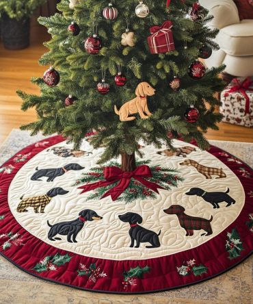 Jolly Dachshund Holiday Tree Skirt — Custom Christmas Tree Skirt With Dachshund Silhouette & Holly Trim, Handmade Dog Lover Gift