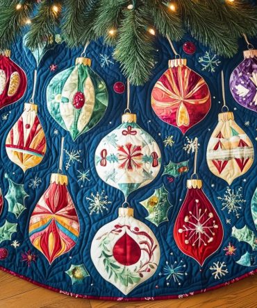 Sapphire Vintage Baubles Tree Skirt — Retro Ornament Pattern On Deep Blue, Custom Handcrafted Holiday Skirt, Personalized Sizes & Trim, Fits 48In-72In