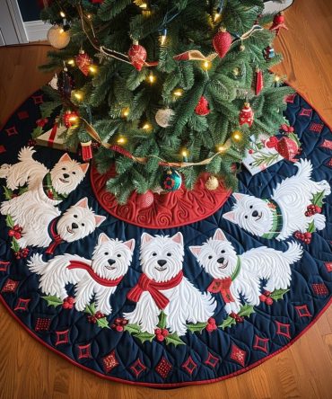 Jolly Westie Holiday Tree Skirt — Custom Westie Christmas Tree Skirt With Joyful West Highland Terrier Design, Handmade Gift