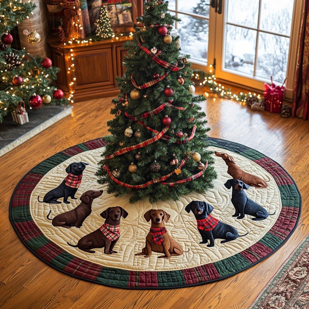 Long Dog Joy Holiday Tree Skirt — Custom Holly-Accented Christmas Tree Skirt With Long Dog Silhouette, Handmade Pet Décor