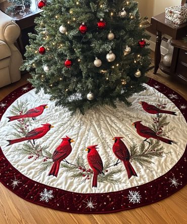 Holly Nest Christmas Tree Skirt — Classic Holly & Berry Holiday Tree Skirt, Handcrafted Custom Christmas Décor, Made-To-Order