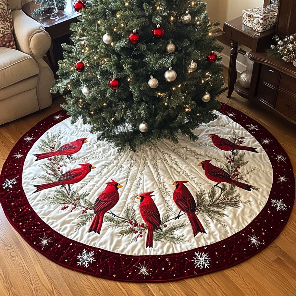 Holly Nest Christmas Tree Skirt — Classic Holly & Berry Holiday Tree Skirt, Handcrafted Custom Christmas Décor, Made-To-Order