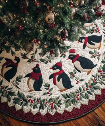 Adorable Holly Penguin Christmas Tree Skirt — Custom Holiday Skirt With Playful Penguin Motif, Handmade Festive Home Accent Gift