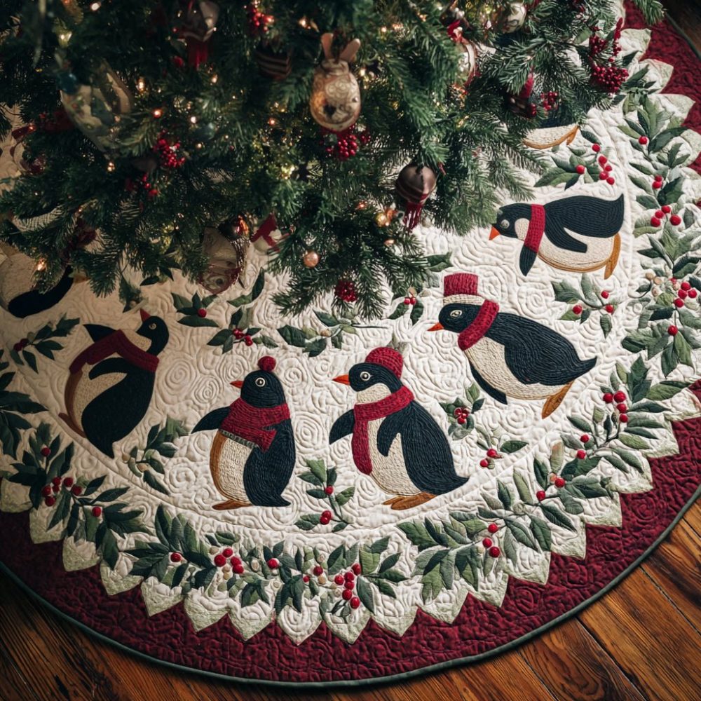 Adorable Holly Penguin Christmas Tree Skirt — Custom Holiday Skirt With Playful Penguin Motif, Handmade Festive Home Accent Gift