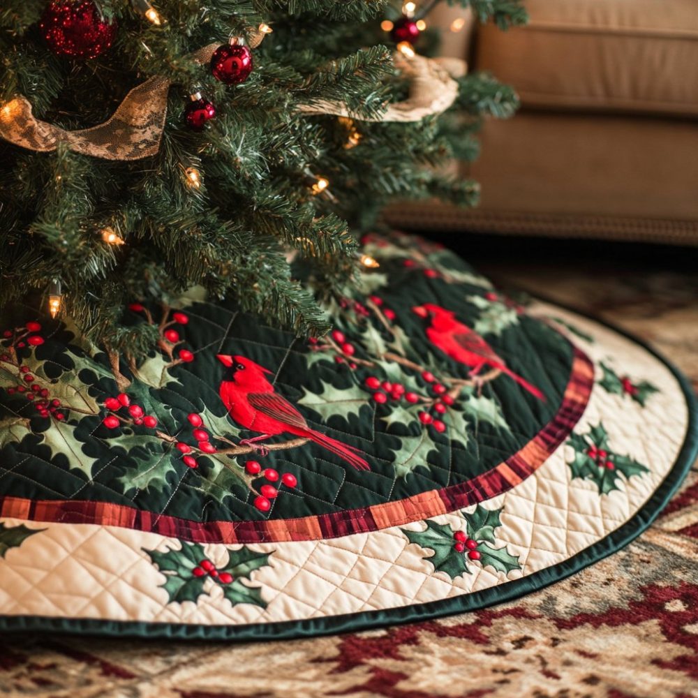 Holly Perch Christmas Tree Skirt — Festive Bird-On-Holly Holiday Tree Skirt, Handcrafted & Customizable, Made-To-Order Décor