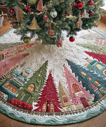 Rustic Holly Pine Hamlet Christmas Tree Skirt — Custom Holiday Tree Skirt With Woodland Pine Scene, Handcrafted Cozy Décor