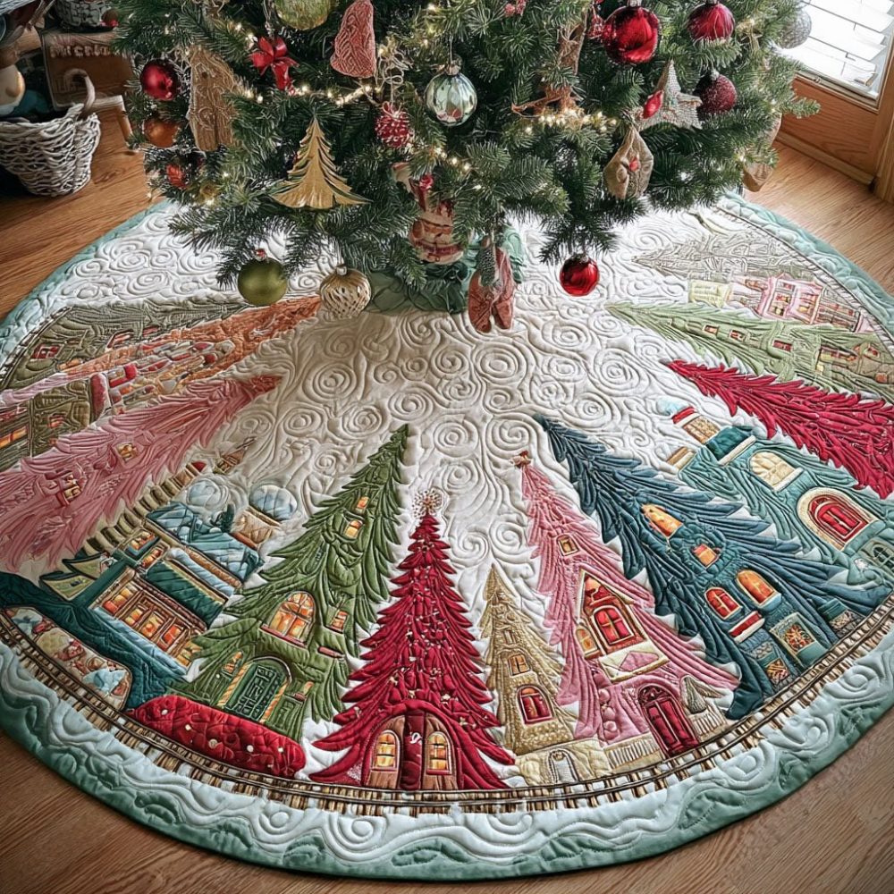 Rustic Holly Pine Hamlet Christmas Tree Skirt — Custom Holiday Tree Skirt With Woodland Pine Scene, Handcrafted Cozy Décor