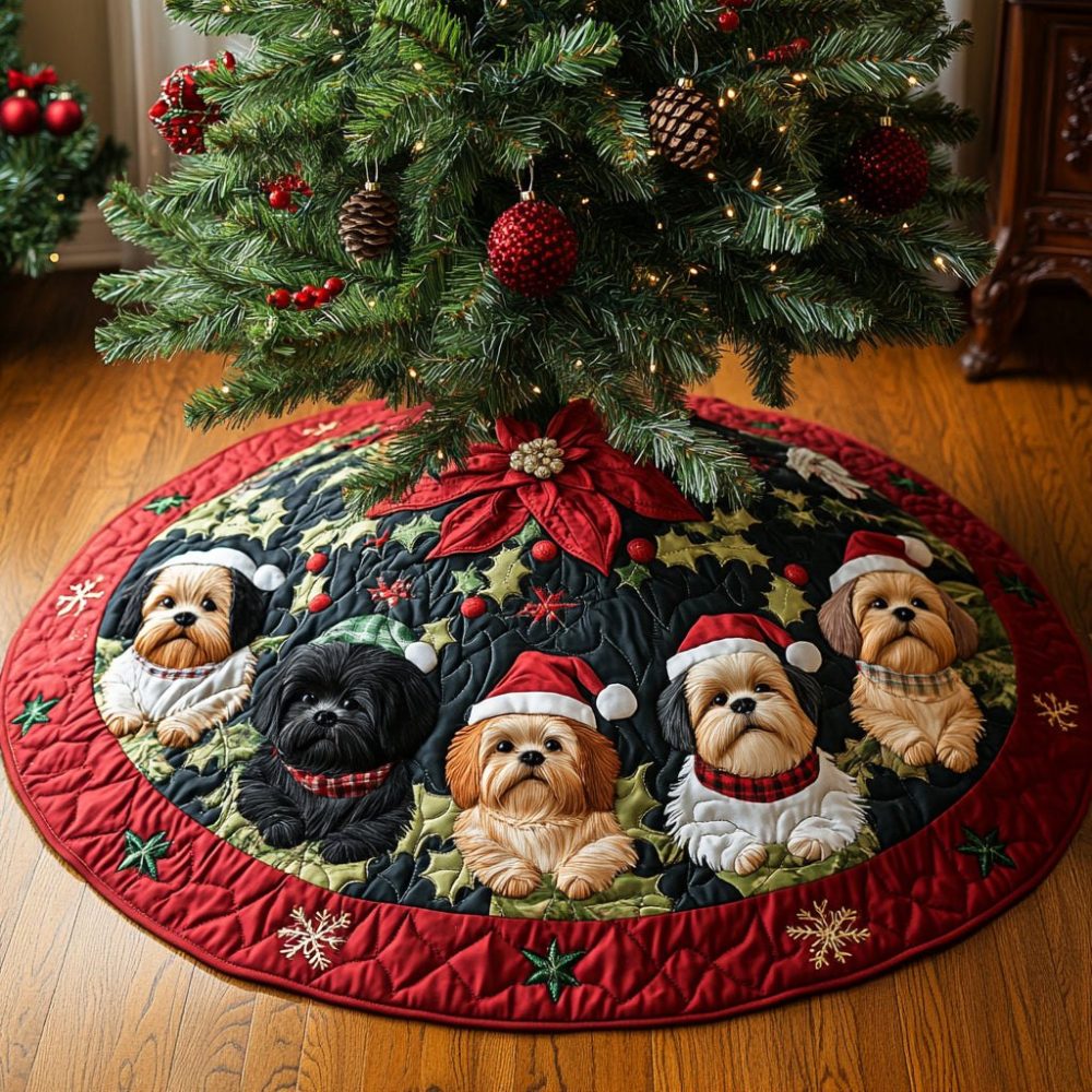 Handcrafted Holly Shih Tzu Christmas Tree Skirt — Custom Holiday Skirt Featuring Shih Tzu Silhouette, Premium Soft Felt Gift