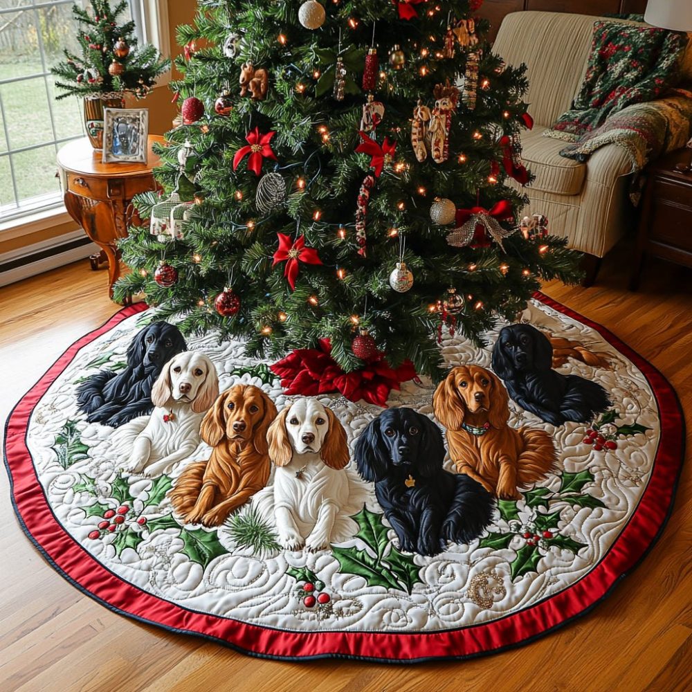 Glow-Accent Holly Spaniel Christmas Tree Skirt — Custom Holiday Tree Skirt With Playful Spaniel Motif, Handmade Quality Gift