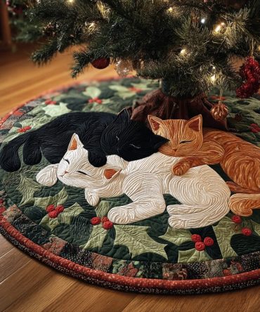 Custom Handmade Holly Trio Christmas Tree Skirt — Luxury Holiday Tree Skirt With Festive Holly Design, Perfect Gift