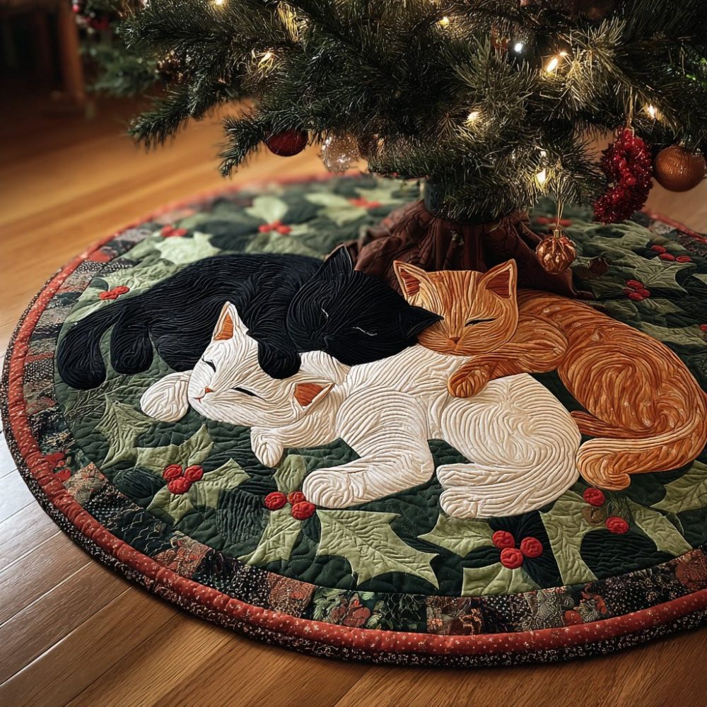 Custom Handmade Holly Trio Christmas Tree Skirt — Luxury Holiday Tree Skirt With Festive Holly Design, Perfect Gift
