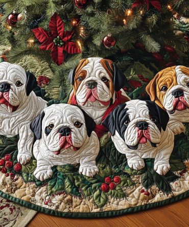 Holly Bulldog Cheer Personalized Tree Skirt — Made-To-Order Bulldog Holiday Skirt With Festive Motif & Custom Fit Options