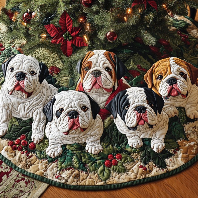 Holly Bulldog Cheer Personalized Tree Skirt — Made-To-Order Bulldog Holiday Skirt With Festive Motif & Custom Fit Options