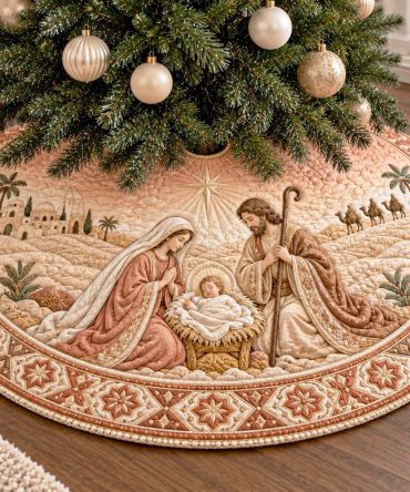 Holy Family Nativity Tree Skirt - Made-To-Order Handcrafted Christmas Tree Skirt Featuring Holy Family Applique & Premium Materials