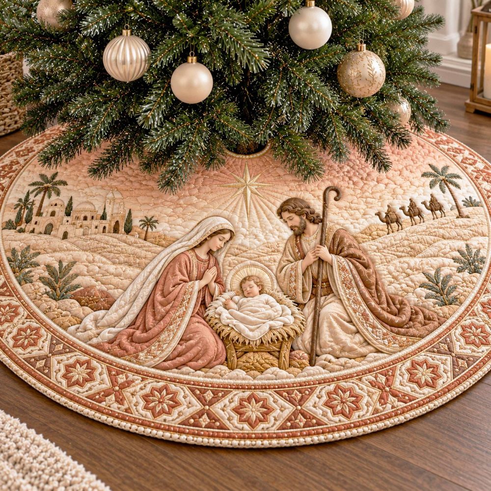 Holy Family Nativity Tree Skirt - Made-To-Order Handcrafted Christmas Tree Skirt Featuring Holy Family Applique & Premium Materials