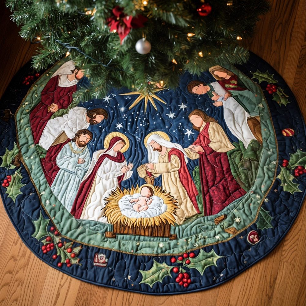 Holy Gathering Custom Christmas Tree Skirt — Handcrafted Nativity & Holiday Scene Skirt With Personalization Options, Premium Fabrics