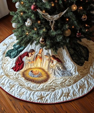Ivory & Gold Nativity Christmas Tree Skirt — Luxurious Handcrafted Religious Skirt, Personalized Sizes & Trim, Made-To-Order, Elegant Holiday Centerpiece, Fits 48In-72In