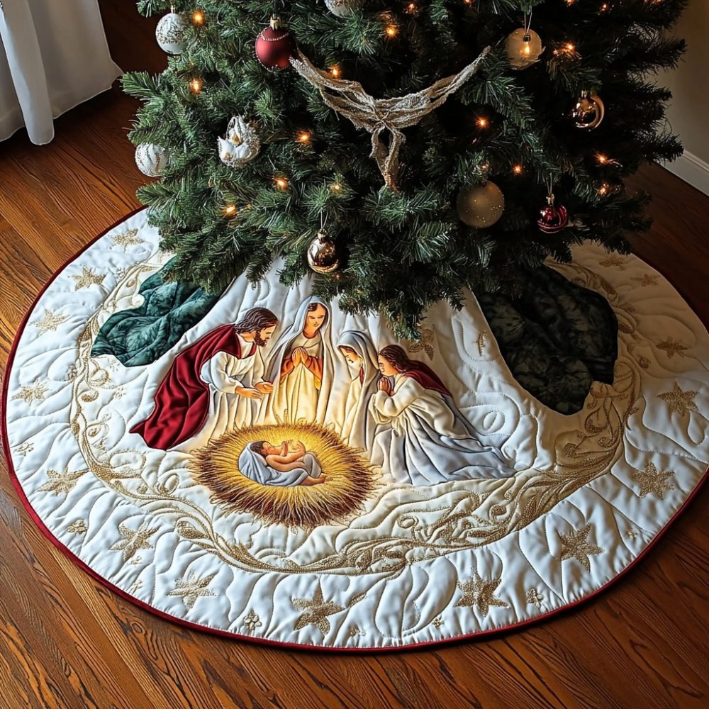 Ivory & Gold Nativity Christmas Tree Skirt — Luxurious Handcrafted Religious Skirt, Personalized Sizes & Trim, Made-To-Order, Elegant Holiday Centerpiece, Fits 48In-72In