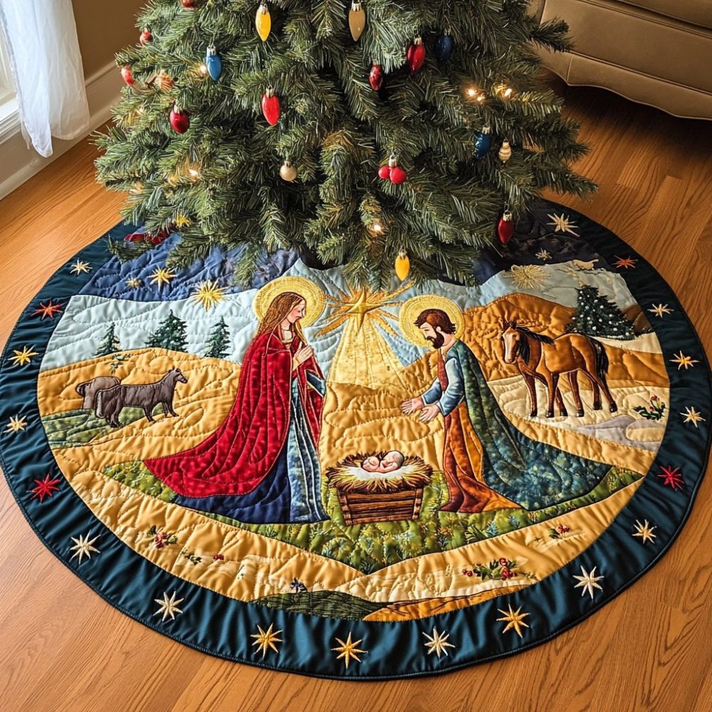 Holy Light Custom Christmas Tree Skirt — Handcrafted Religious Holiday Skirt With Personalized Embroidery And Luxurious Fabrics