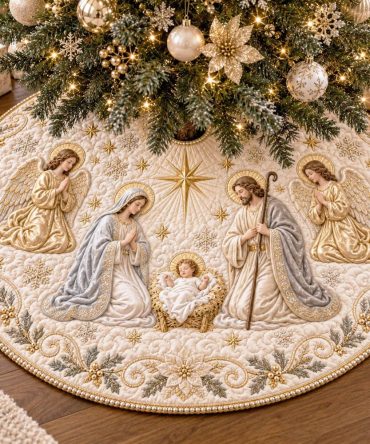Holy Night Nativity Tree Skirt - Made-To-Order Serene Christmas Tree Skirt With Starry Night Motif, Hand-Trimmed Edges & Custom Sizes