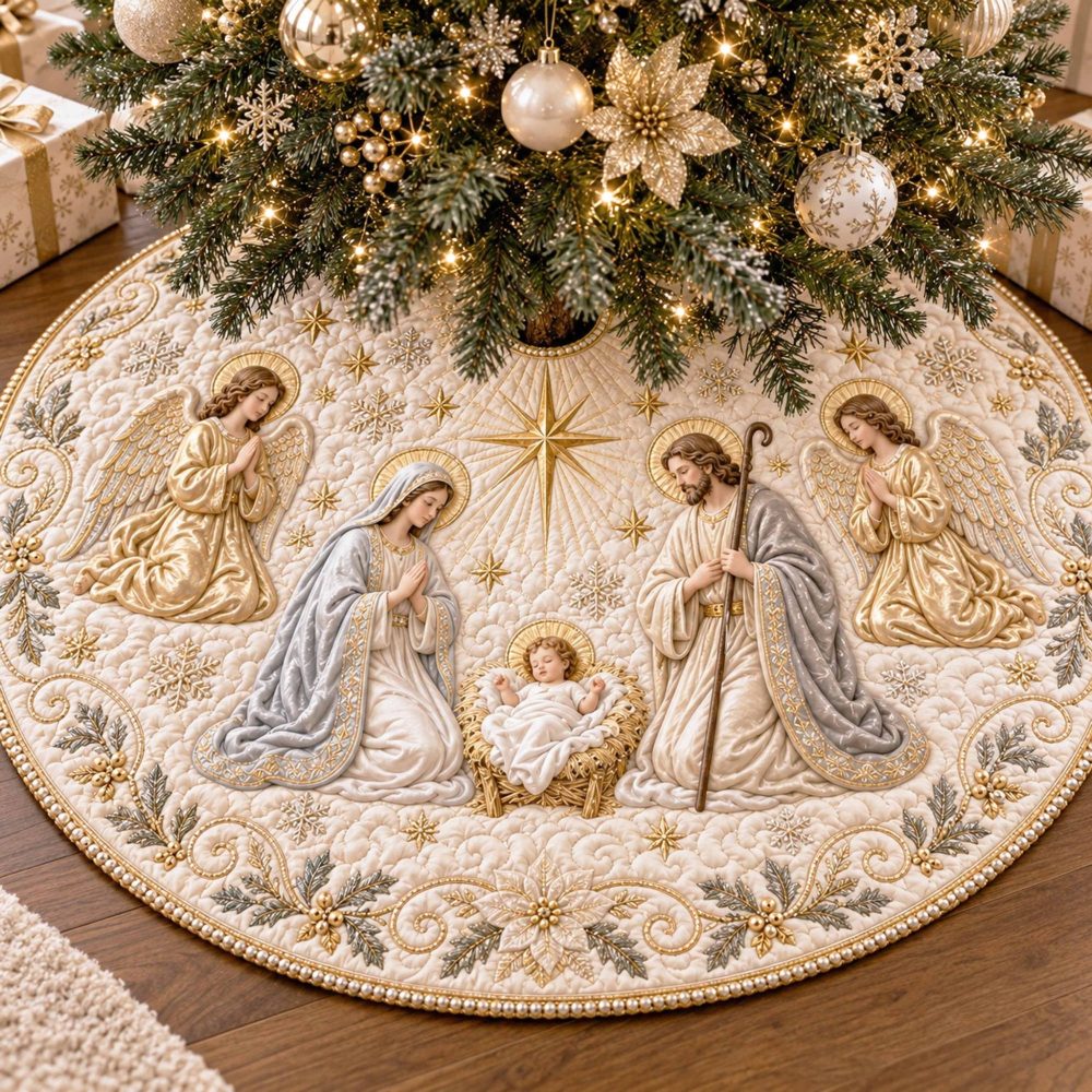 Holy Night Nativity Tree Skirt - Made-To-Order Serene Christmas Tree Skirt With Starry Night Motif, Hand-Trimmed Edges & Custom Sizes