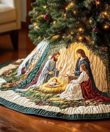 Golden Cave Nativity Christmas Tree Skirt — Warm Gold & Earth Tones, Handcrafted Sacred Scene, Custom Sizes & Trim, Made-To-Order, Fits 48In-72In