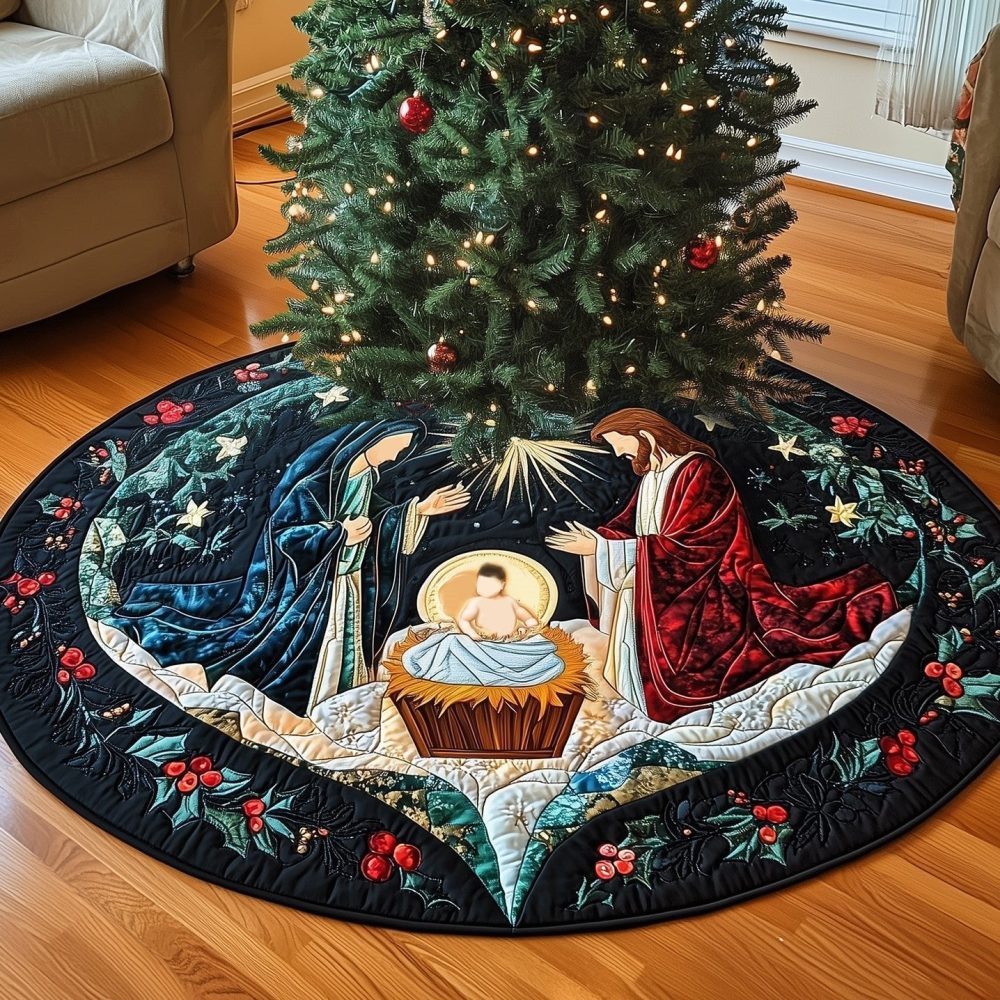 Holy Night Glory Personalized Christmas Tree Skirt — Custom-Made Elegant Nativity Skirt With Monogram Options, Premium Materials