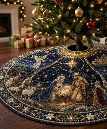 Holy Night Nativity Christmas Tree Skirt - Handcrafted Religious Nativity Scene Tree Base, Made-To-Order Keepsake