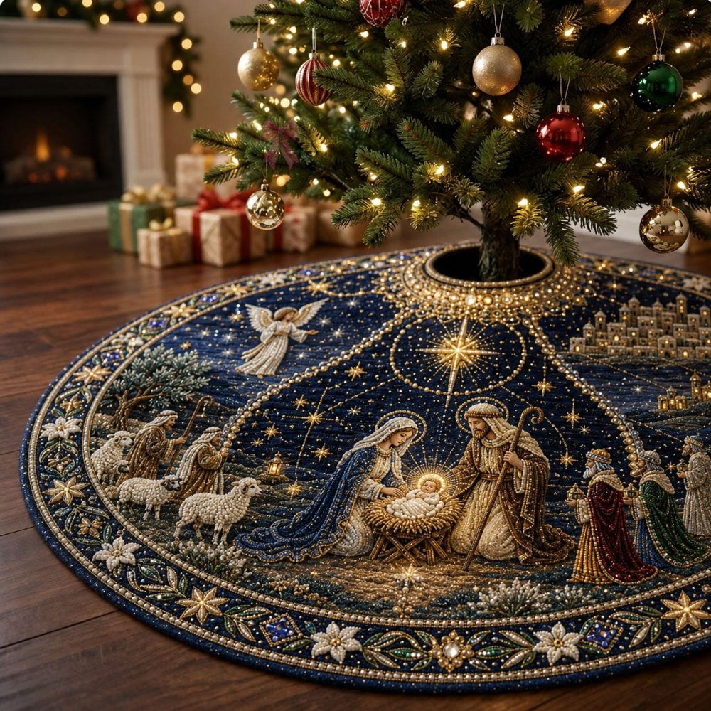 Holy Night Nativity Christmas Tree Skirt - Handcrafted Religious Nativity Scene Tree Base, Made-To-Order Keepsake