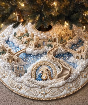 Holy Night Village Christmas Tree Skirt — Made-To-Order Elegant Nativity & Village Scene Holiday Skirt For Sacred Decor
