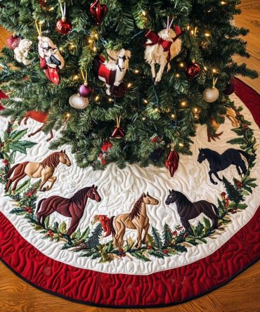 Hoofbeats Harmony Personalized Tree Skirt — Custom-Made Christmas Skirt With Equestrian Motifs, Multiple Fabrics & Monogram Options