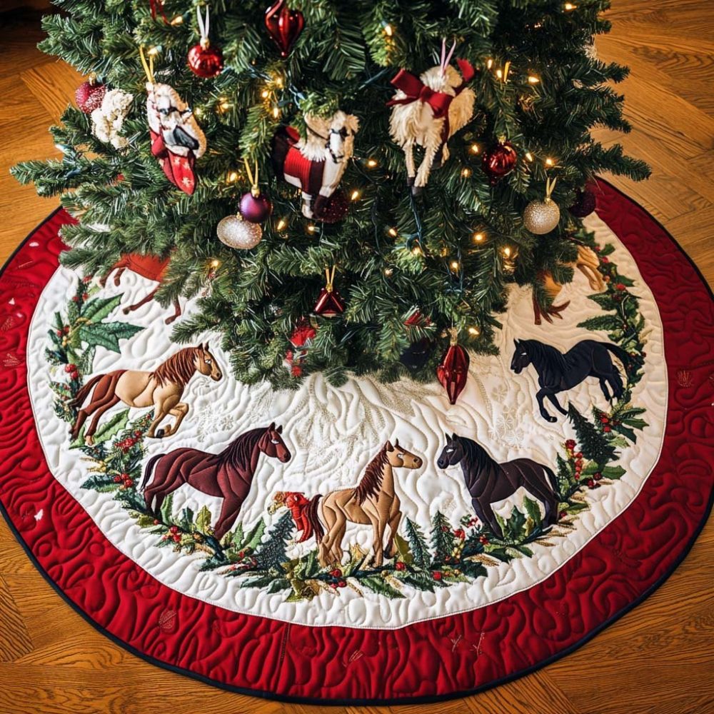 Hoofbeats Harmony Personalized Tree Skirt — Custom-Made Christmas Skirt With Equestrian Motifs, Multiple Fabrics & Monogram Options