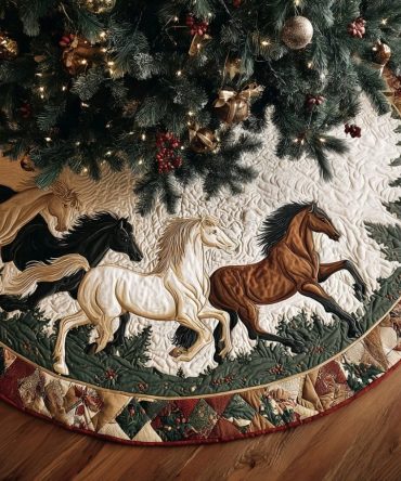 Horse Charm Custom Christmas Tree Skirt — Personalized Equestrian Holiday Accent, Handmade With Luxurious Fabrics & Custom Embroidery