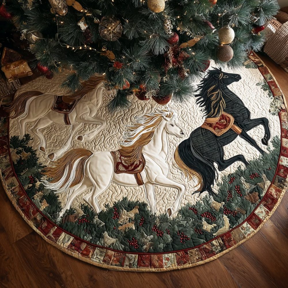 Black & White Horses In Pine Forest Tree Skirt — Elegant Equestrian Winter Scene, Custom Handcrafted, Personalized Sizes, Made-To-Order, Fits 48In-72In