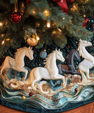 Teal Carousel Horse Christmas Tree Skirt — Vibrant Wave Pattern, Handcrafted Custom Skirt, Personalized Holiday Centerpiece, Fits 48In-72In