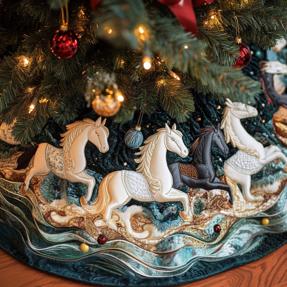 Teal Carousel Horse Christmas Tree Skirt — Vibrant Wave Pattern, Handcrafted Custom Skirt, Personalized Holiday Centerpiece, Fits 48In-72In