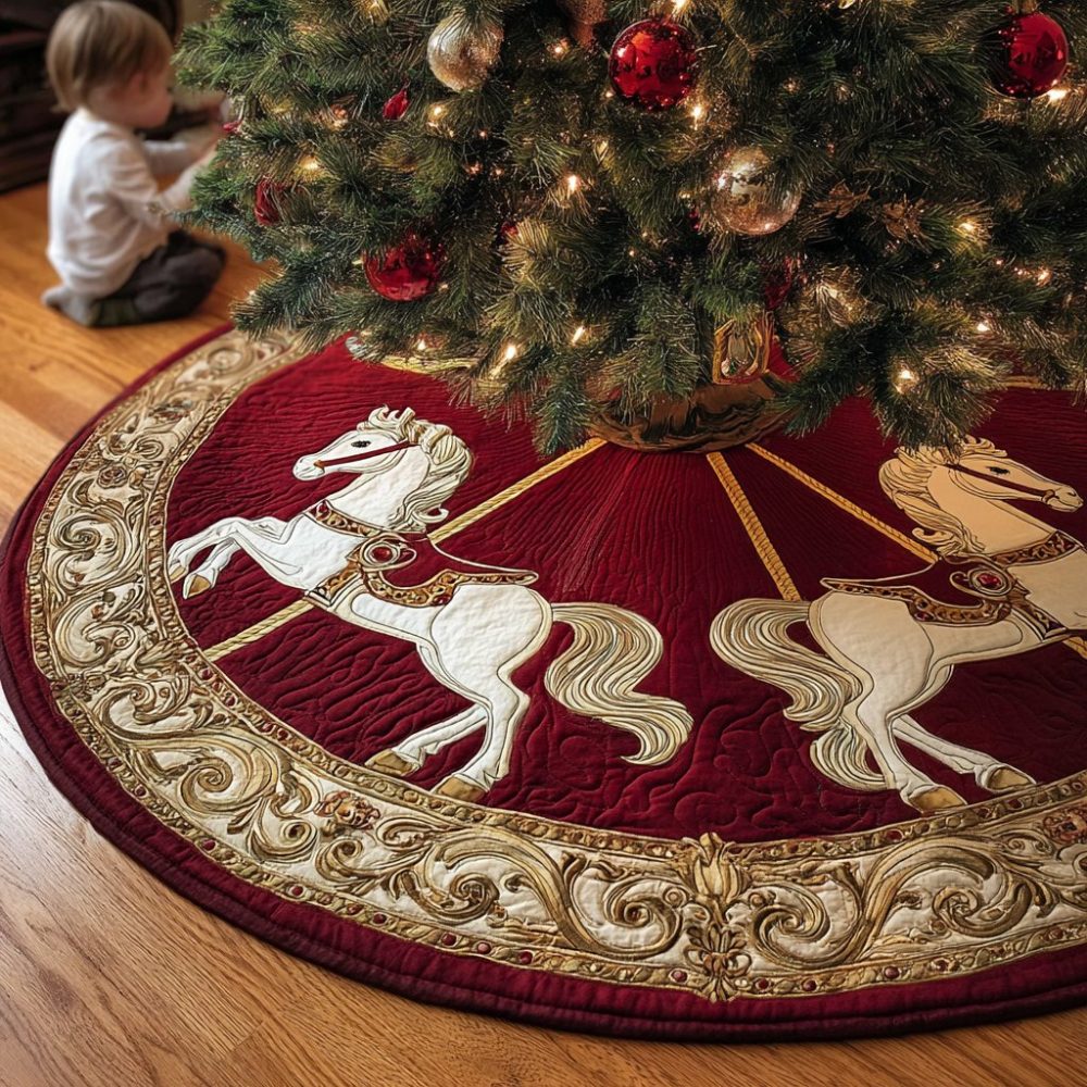 Ruby Scroll Carousel Pair Christmas Tree Skirt — Elegant Handmade Made-To-Order Holiday Skirt With Paired Carousel Horses On Rich Ruby Trim
