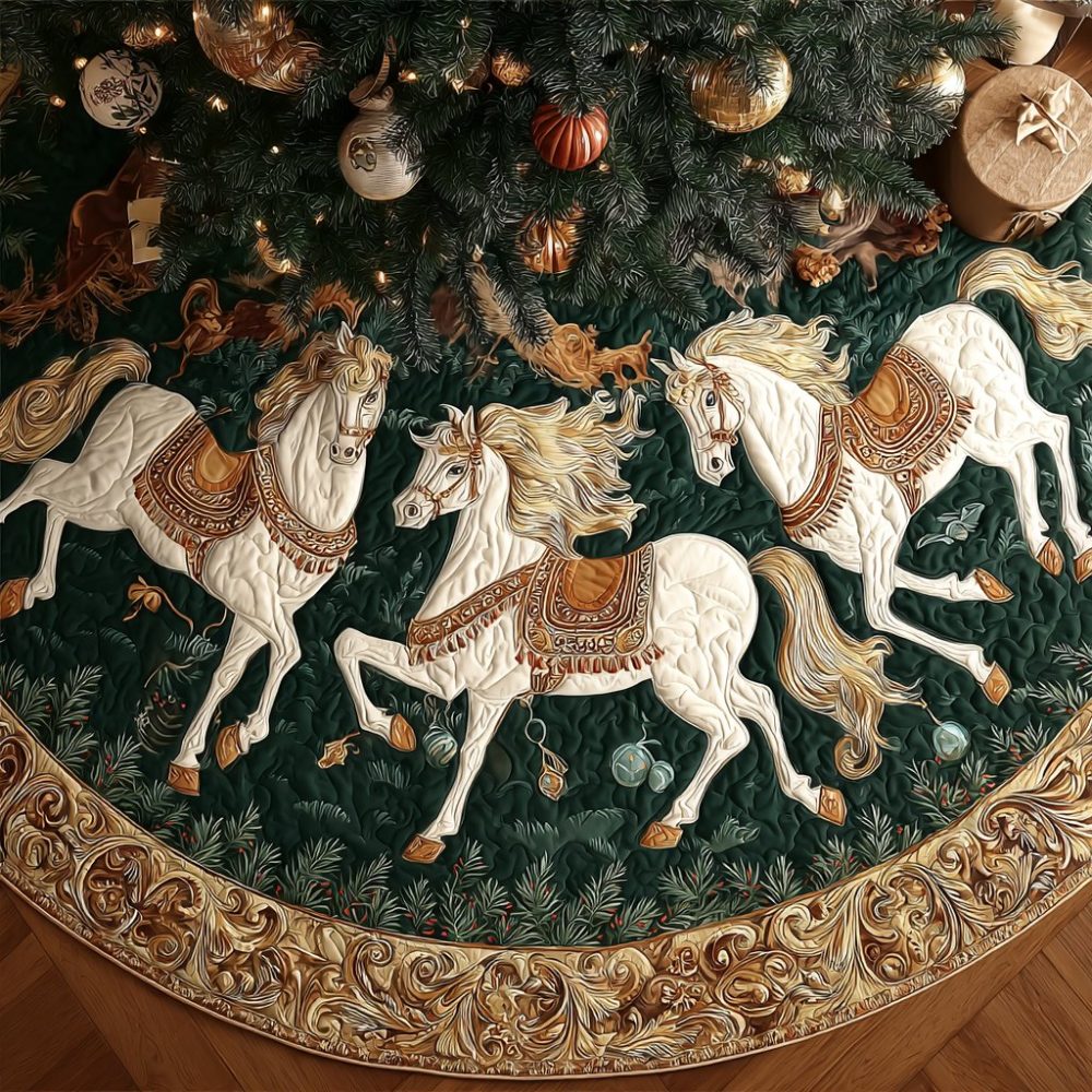 Horse Journey Handcrafted Christmas Tree Skirt — Personalized Equestrian Holiday Skirt, Custom Sizes, Premium Materials & Embroidery