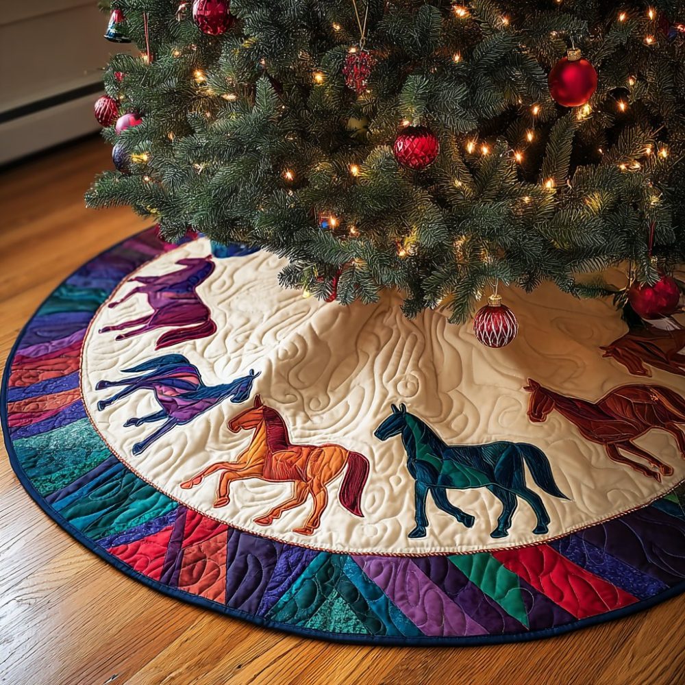 Horse Light Premium Holiday Tree Skirt — Custom-Made Illuminated Look, Embroidered Name Options, Luxury Holiday Home Accessory