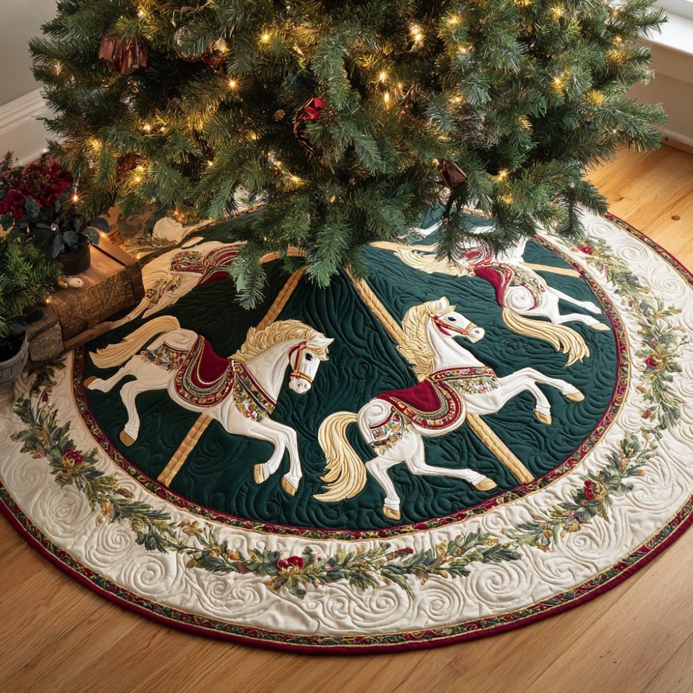 Horse Magic Custom Christmas Tree Skirt — Handcrafted Personalized Holiday Skirt With Enchanted Equestrian Design, Multiple Sizes & Fabrics