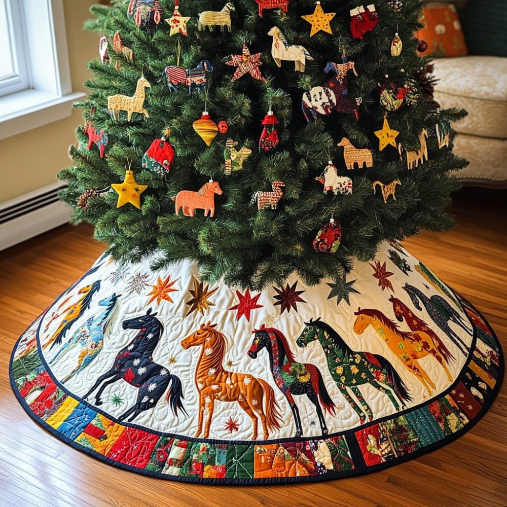Personalized Horse Parade Holiday Tree Skirt — Custom Handmade Christmas Tree Skirt For Equestrian Homes, Luxury Felt & Velvet Options