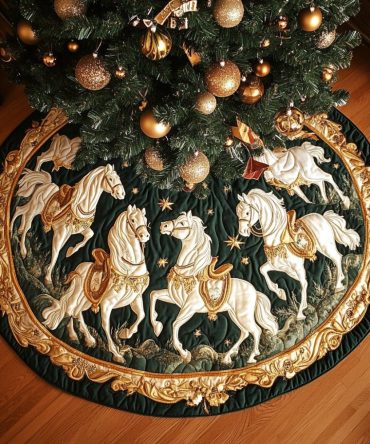Emerald & Gold Carousel Horse Christmas Tree Skirt — Luxurious Handmade Made-To-Order Holiday Skirt With Regal Carousel Motifs And Gold Trim