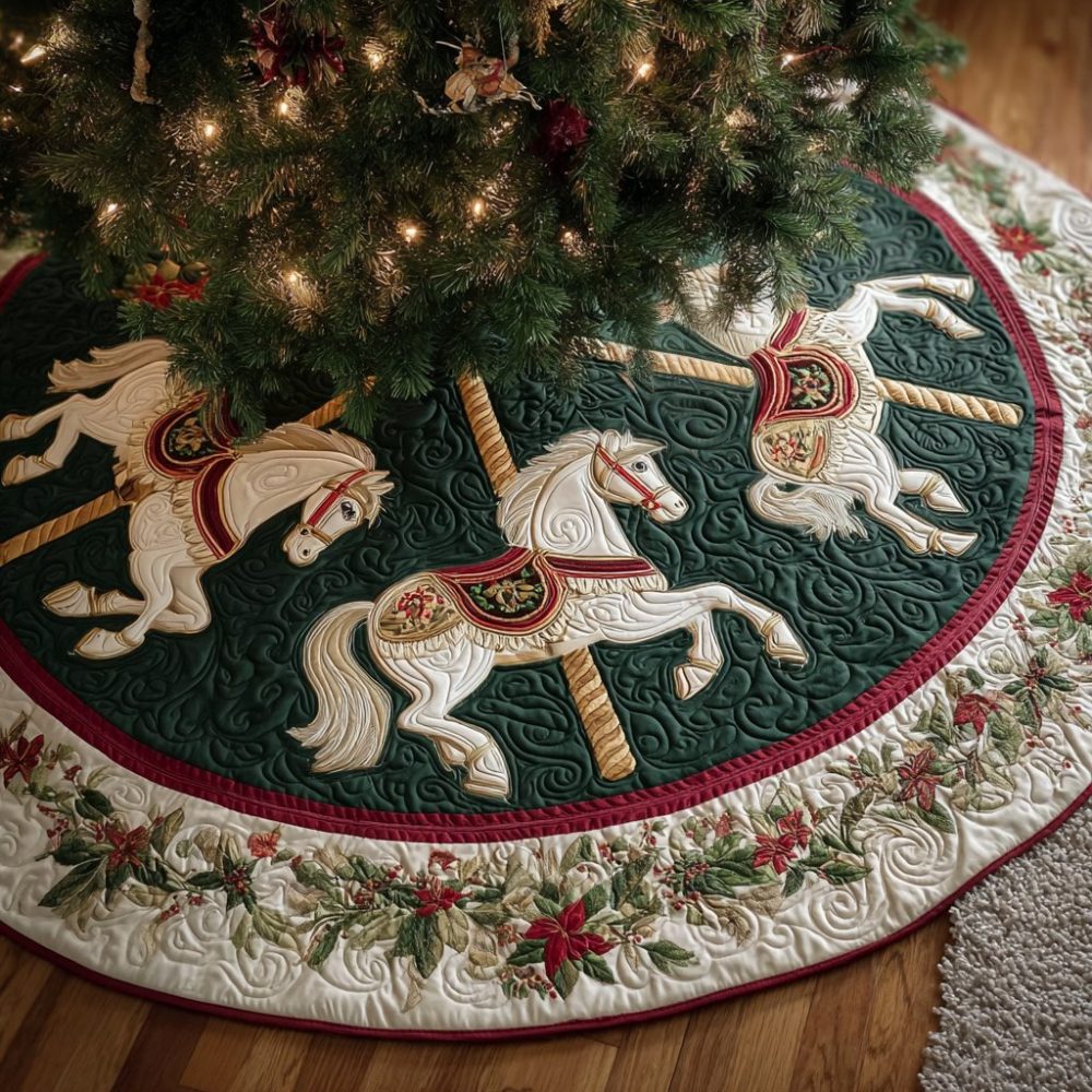 Carousel Horse Holiday Tree Skirt With Holly Ring — Vintage-Inspired Christmas Skirt, Custom Handmade And Made-To-Order For Elegant Festivities