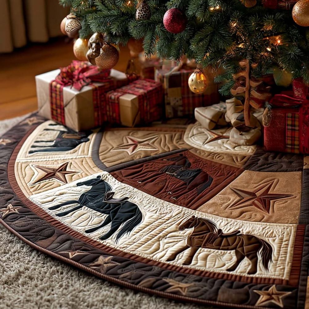 Horse Star Custom Tree Skirt — Starry Equestrian Christmas Skirt With Embroidered Horses, Thick Backing & Personalized Name Option